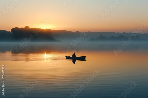 Lone fisherman on a calm lake at sunrise © Bijac