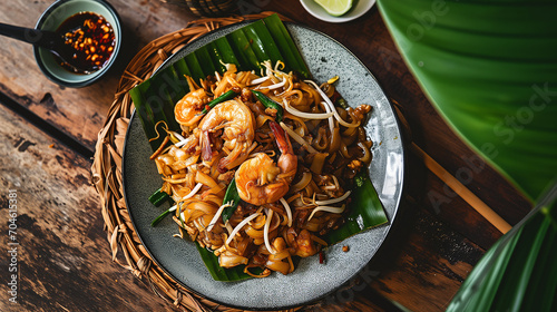 An overhead view of a plate of Malaysian char kway teow noodles. photo