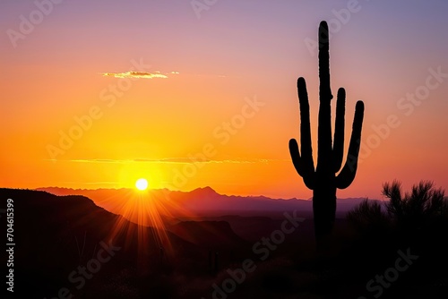 Lone cactus silhouetted against a desert sunset © Bijac