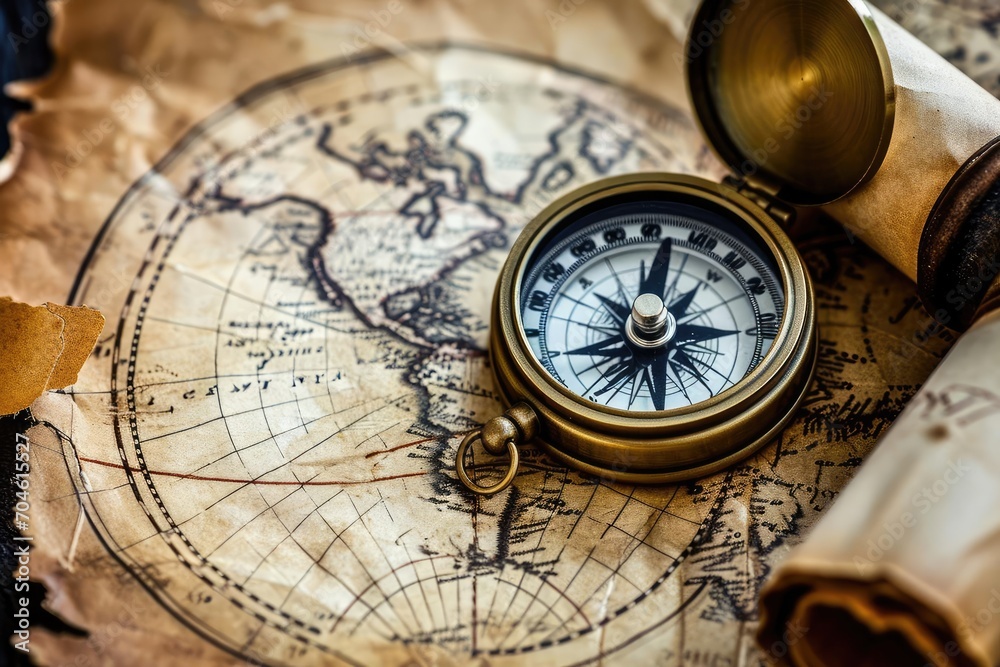Old compass on an ancient map Suggesting adventure