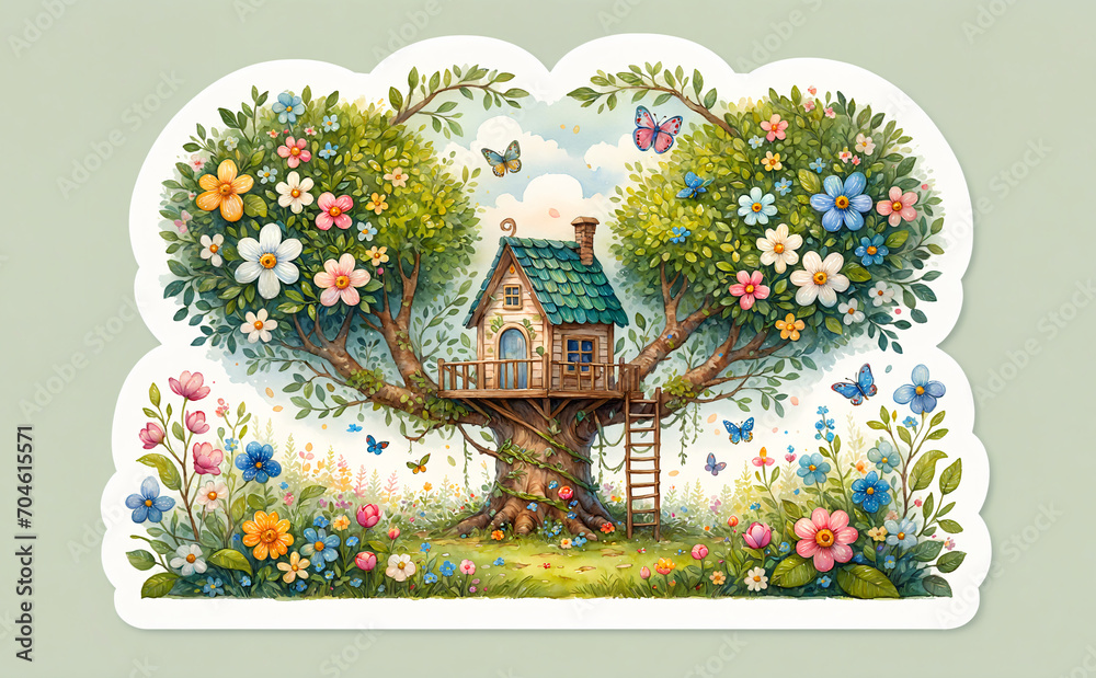  Fantasy treehouse with flowers. Watercolor sticker design. Image for greeting card design for Valentine's Day or Mother's Day, for wedding invitations or anniversary cards. Print for nursery decor