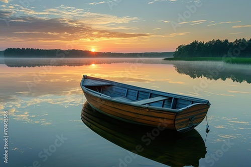 Quaint wooden rowboat moored on a calm lake at sunrise