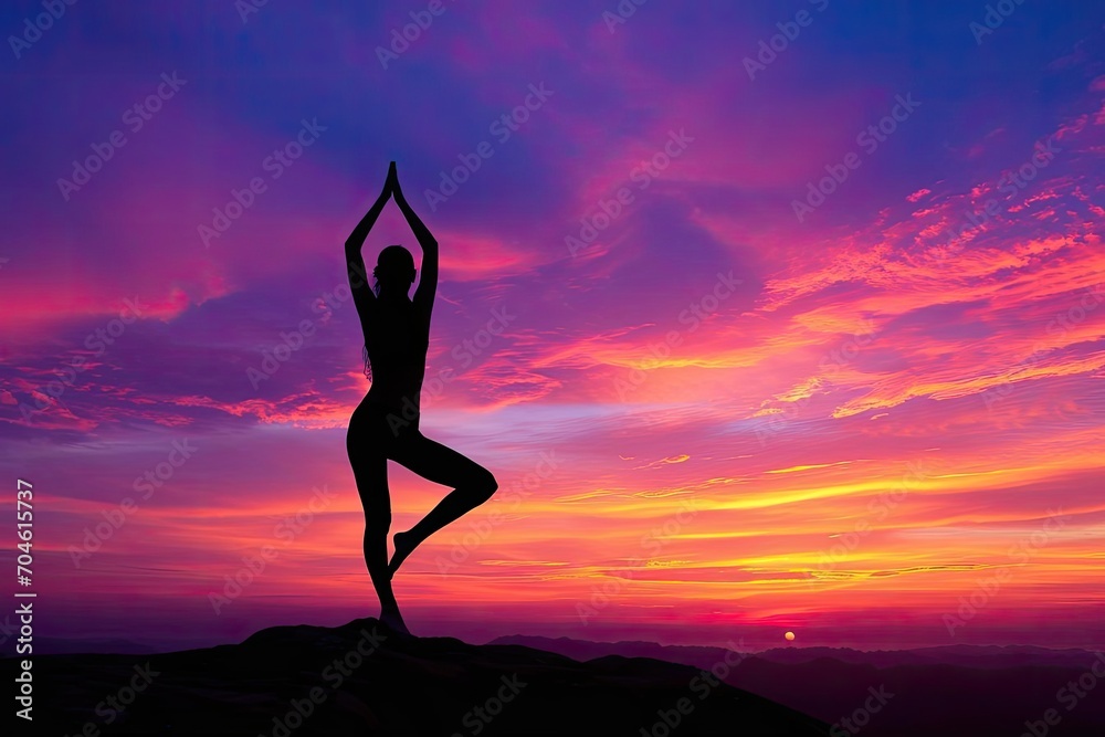 Single yoga pose silhouette against a vibrant sunset