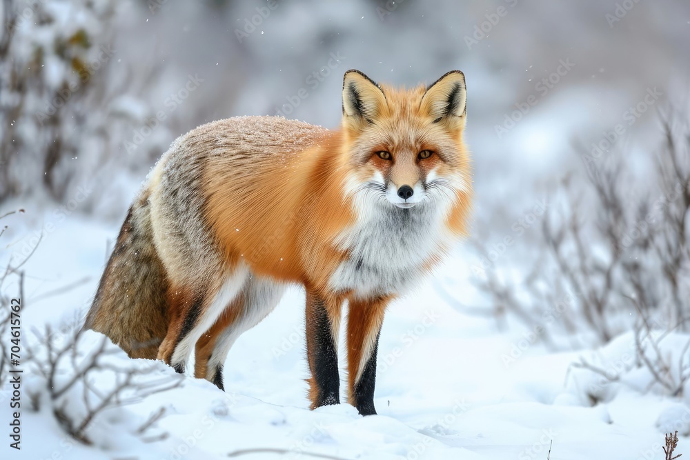 Solitary red fox in a snowy landscape at twilight Solitary red fox in a snowy landscape at twilight