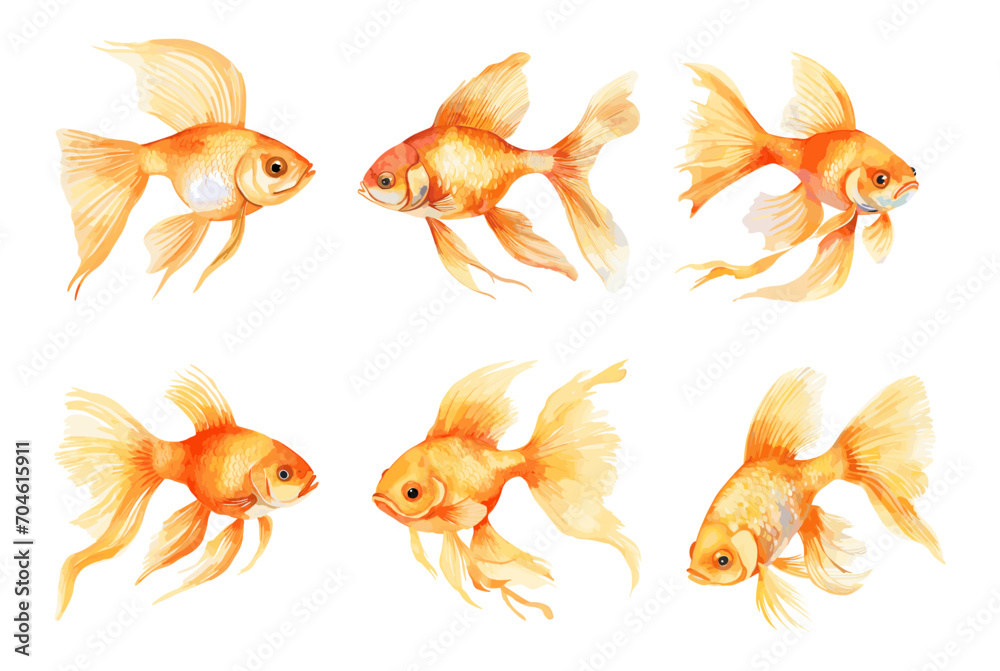 Fototapeta premium Goldfish isolated watercolor set. Fish abstract characters, underwater sea, ocean animals. Decorative vector marine elements