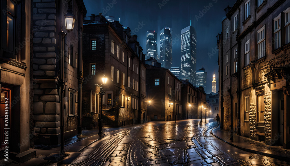 Stara dzielnica w nowoczesnym mieście nocą