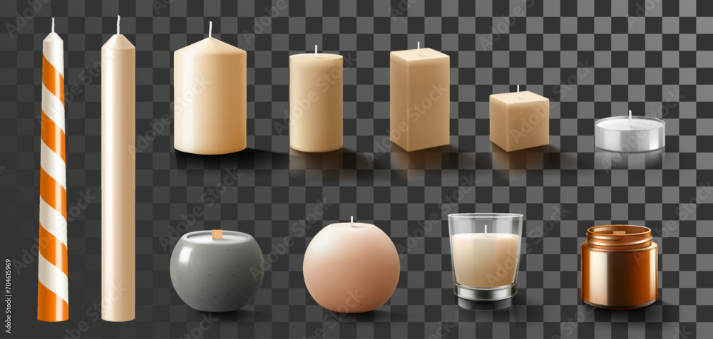 Set of scented wax candles of different sizes and shapes and colors isolated on transparent background. Candles in a candlesticks, burning, and fire flames with wick. Realistic 3d vector illustration Set of scented wax candles of different sizes and shapes and colors isolated on transparent background. Candles in a candlesticks, burning, and fire flames with wick. Realistic 3d vector illustration