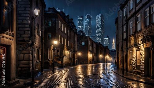 Stara dzielnica w nowoczesnym mieście nocą