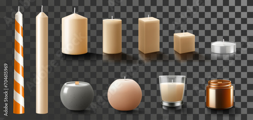 Set of scented wax candles of different sizes and shapes and colors isolated on transparent background. Candles in a candlesticks, burning, and fire flames with wick. Realistic 3d vector illustration