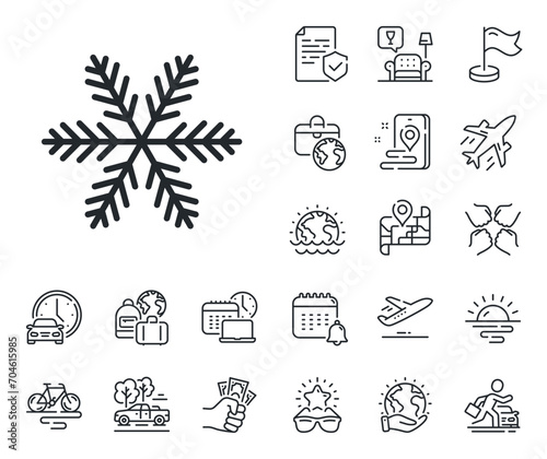 Christmas snow sign. Plane jet, travel map and baggage claim outline icons. Snowflake line icon. Winter or cold symbol. Snowflake line sign. Car rental, taxi transport icon. Place location. Vector