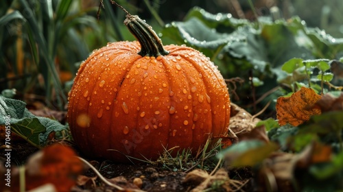 An image of a fully ripe pumpkin decorated with water droplets against a background of green grass  emphasizing the fall harvest and environmentally friendly  healthy eating.