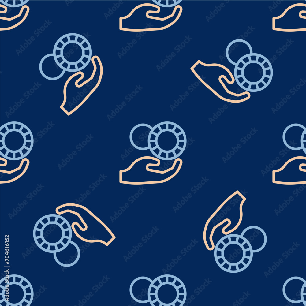 Line Hand holding casino chips icon isolated seamless pattern on blue background. Casino gambling. Vector