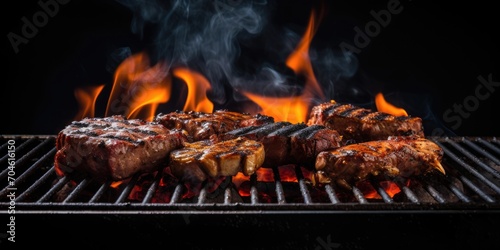 Barbecue grill with fire and charcoal on table  black background.