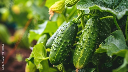 Ripe green cucumbers in the garden showcase the success of vegetable cultivation, promoting the ecological benefits and encouraging healthy eating habits.