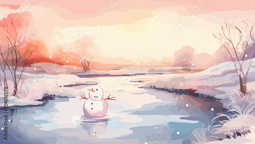 Melting snowman watercolor illustration. Nature early spring landscape with cute small snow man on river, vector soft colors background photo