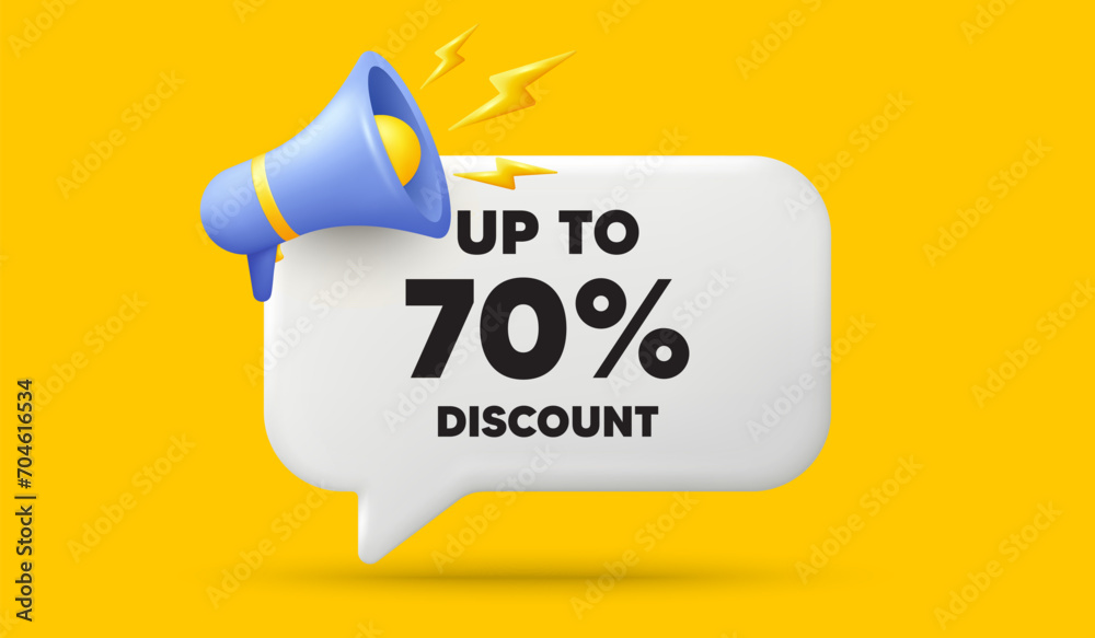 Up to 70 percent discount. 3d speech bubble banner with megaphone. Sale offer price sign. Special offer symbol. Save 70 percentages. Discount tag chat speech message. 3d offer talk box. Vector Up to 70 percent discount. 3d speech bubble banner with megaphone. Sale offer price sign. Special offer symbol. Save 70 percentages. Discount tag chat speech message. 3d offer talk box. Vector