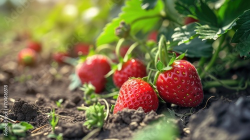Sunlit ripe strawberries on the plantation highlight a successful summertime harvest  offering a juicy  nutrient-rich  and vegetarian-friendly choice for nutrition-conscious consumers.
