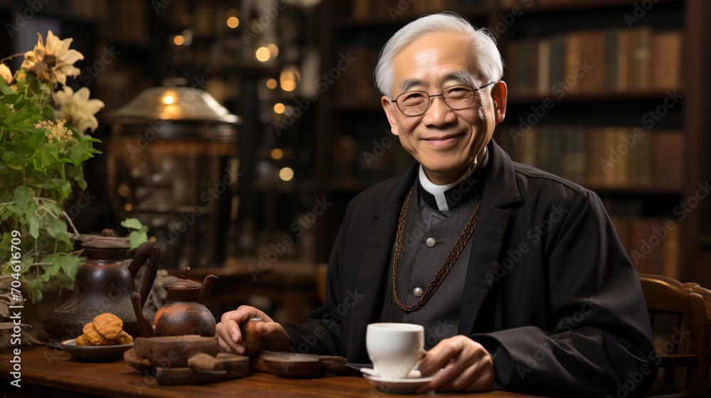 Portrait of a smiling elderly Chinese man in a black shirt holding a teacup - obrazy, fototapety, plakaty 