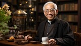 Portrait of a smiling elderly Chinese man in a black shirt holding a teacup