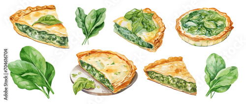 Spinach pie watercolor set. Slice, half pies part on plate and green spinach leaves. Fresh pastry elements, delicious vector food clipart