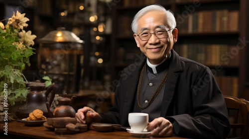 Portrait of a smiling elderly Chinese man in a black shirt holding a teacup