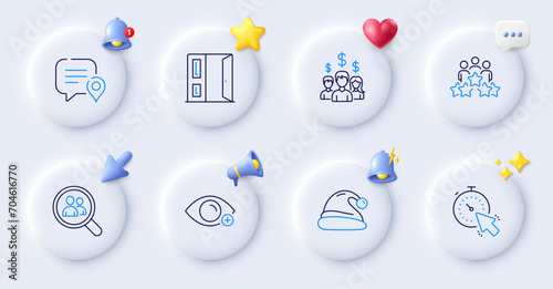 Timer, Salary employees and Business meeting line icons. Buttons with 3d bell, chat speech, cursor. Pack of Farsightedness, Santa hat, Search employees icon. Open door, Chat bubble pictogram. Vector