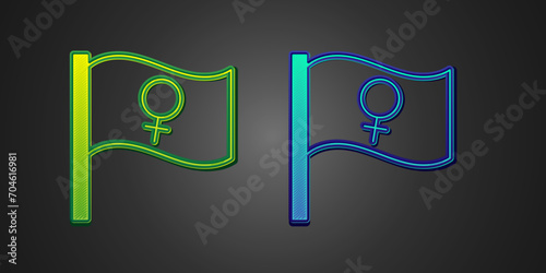 Green and blue Female movement, feminist activist with banner and placards icon isolated on black background. Feminist rights movement, feminism sisterhood. Vector