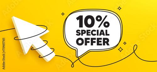 10 percent discount offer tag. Continuous line chat banner. Sale price promo sign. Special offer symbol. Discount speech bubble message. Wrapped 3d cursor icon. Vector