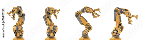 Robotic arm or yellow mechanical hand computing different movements. Industrial robot manipulator. Futuristic technology. Collage or set of four positions. 3d rendering isolated on transparent