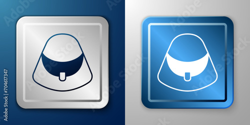 White Handbag icon isolated on blue and grey background. Female handbag sign. Glamour casual baggage symbol. Silver and blue square button. Vector