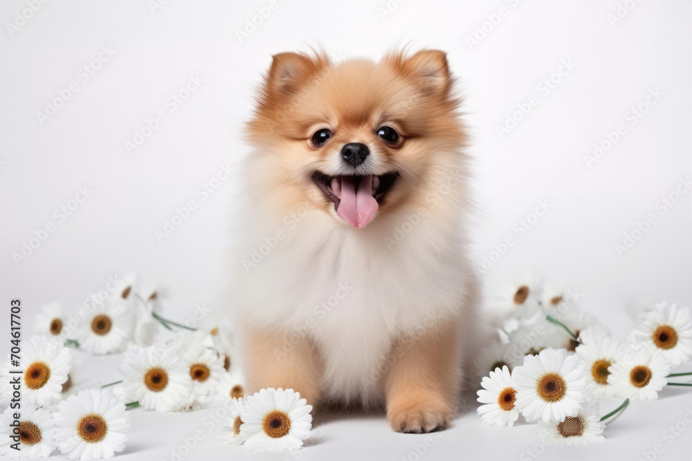 Spitz dog with daisies on a light background. Spring concept. Spitz dog with daisies on a light background. Spring concept.