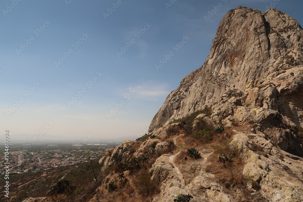 Fototapeta premium Spectacular view on the Pena de Bernal and the town of San Sebastian Bernal, Queretaro, Mexico
