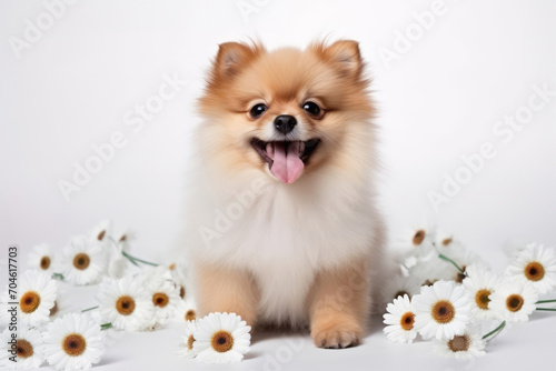 Spitz dog with daisies on a light background. Spring concept.