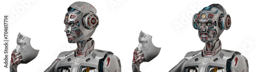 Detailed futuristic robot man or humanoid cyborg removes his face mask showing vey complex mechanism of his head with many gears. 3d rendering isolated on transparent background. Set of two poses.