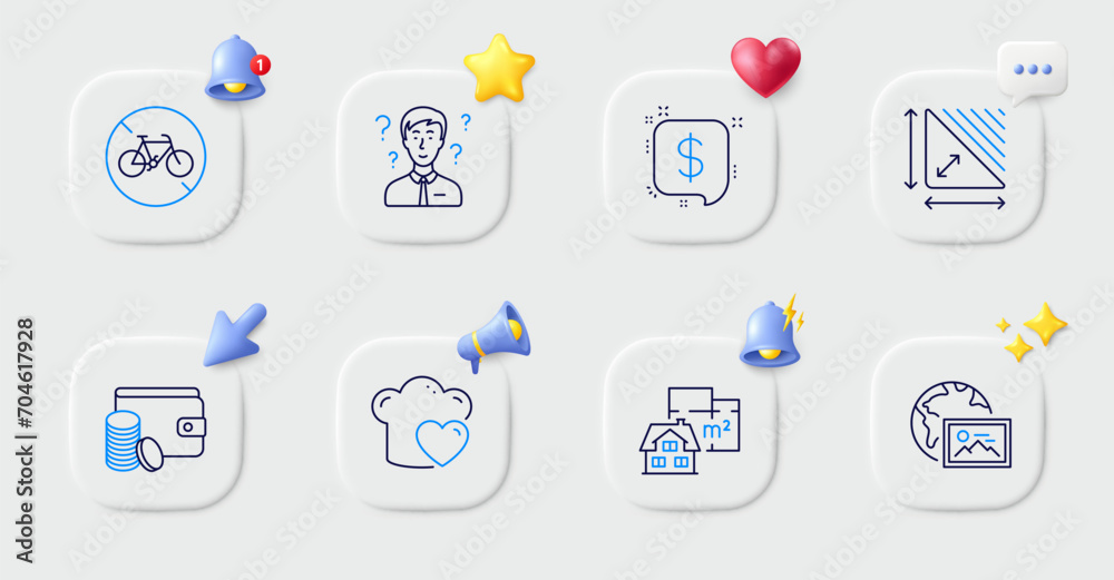 Love cooking, Support consultant and Payment method line icons. Buttons with 3d bell, chat speech, cursor. Pack of Payment message, Bicycle prohibited, Floor plan icon. Vector Love cooking, Support consultant and Payment method line icons. Buttons with 3d bell, chat speech, cursor. Pack of Payment message, Bicycle prohibited, Floor plan icon. Vector