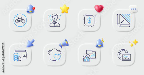 Love cooking, Support consultant and Payment method line icons. Buttons with 3d bell, chat speech, cursor. Pack of Payment message, Bicycle prohibited, Floor plan icon. Vector