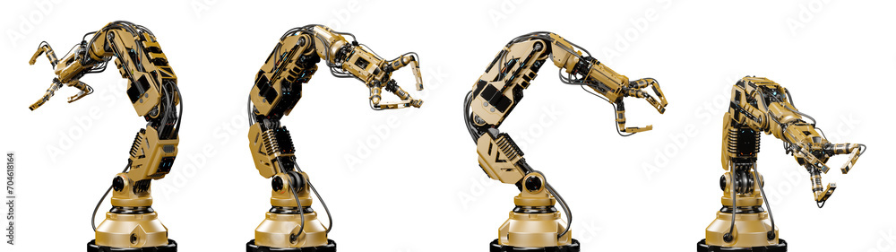 Robotic arm or yellow mechanical hand computing different movements. Industrial robot manipulator. Futuristic technology. Collage or set of three positions. 3d rendering isolated on transparent Robotic arm or yellow mechanical hand computing different movements. Industrial robot manipulator. Futuristic technology. Collage or set of three positions. 3d rendering isolated on transparent