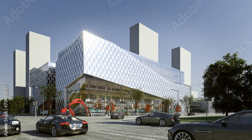 3d render of skyscrapers  shopping mall exterior view at night photo