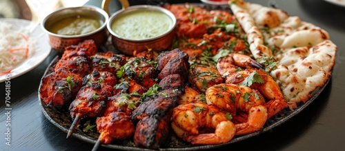 Tandoori oven-baked platter of Indian appetizers, with malai tikka chicken, shrimp, and seekh kebab. photo