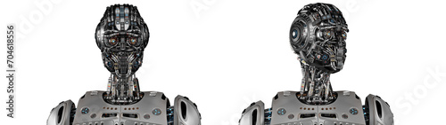 Sci fi robot or humanoid machine with highly detailed face looks around. Set of two different poses. 3d rendering isolated on transparent background
