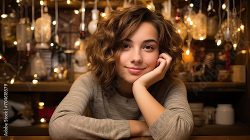 Portrait of a young girl with a stylish brown bob haircut, enjoying herself