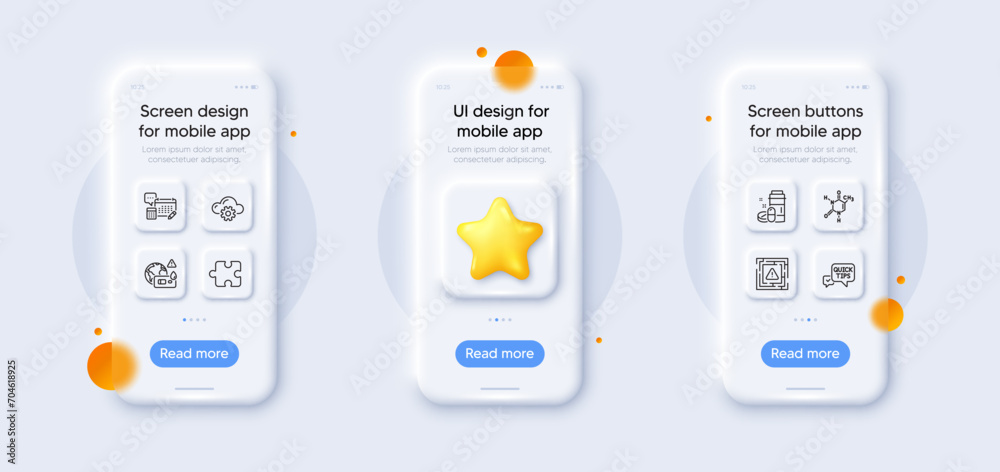 Cloud computing, Medical drugs and Quick tips line icons pack. 3d phone mockups with star. Glass smartphone screen. Puzzle, Account, Chemical formula web icon. Vector Cloud computing, Medical drugs and Quick tips line icons pack. 3d phone mockups with star. Glass smartphone screen. Puzzle, Account, Chemical formula web icon. Vector