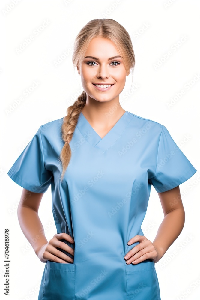 Portrait of a smiling female nurse with blonde hair wearing blue scrubs Portrait of a smiling female nurse with blonde hair wearing blue scrubs