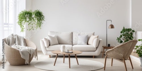 Cozy and light living-room area in apartment with white round table, comfortable sofa, and armchair.