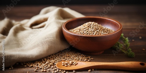 Healthy eating concept with organic buckwheat groats in a wooden bowl on a linen napkin, displayed on a rustic wooden table. photo