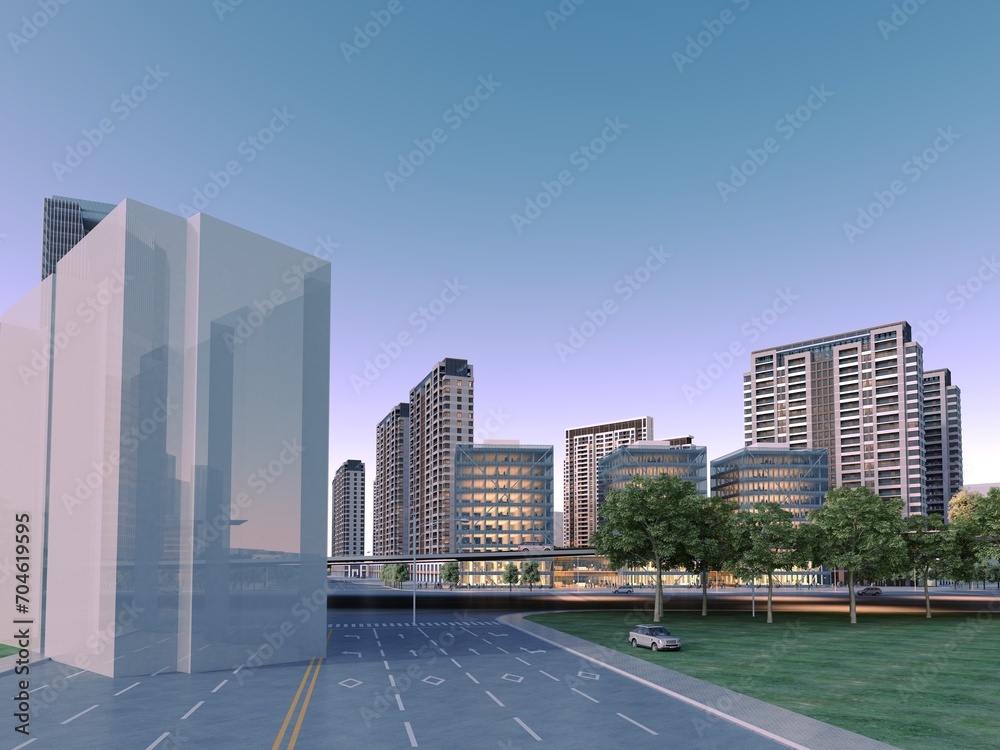 3d render of skyscrapers shopping mall exterior view at night 3d render of skyscrapers shopping mall exterior view at night