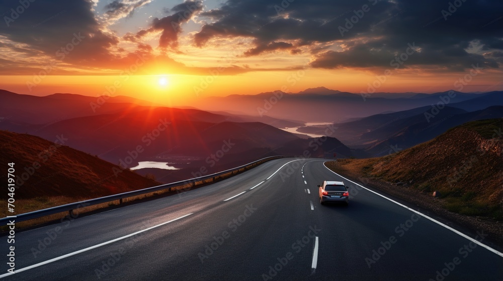 Car driving on an asphalt road through mountain ranges at sunset