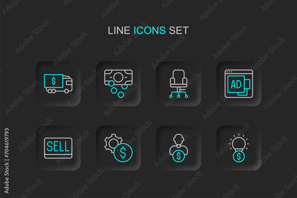 Set line Light bulb with dollar, Business investor, Gear symbol, Sell button, Advertising, Office chair, Stacks paper money cash and Armored truck icon. Vector Set line Light bulb with dollar, Business investor, Gear symbol, Sell button, Advertising, Office chair, Stacks paper money cash and Armored truck icon. Vector