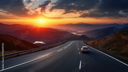 Car driving on an asphalt road through mountain ranges at sunset © duyina1990