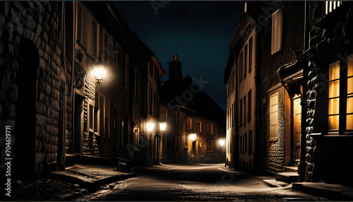 Stare miasteczko z krętymi uliczkami i starymi lampami nocą